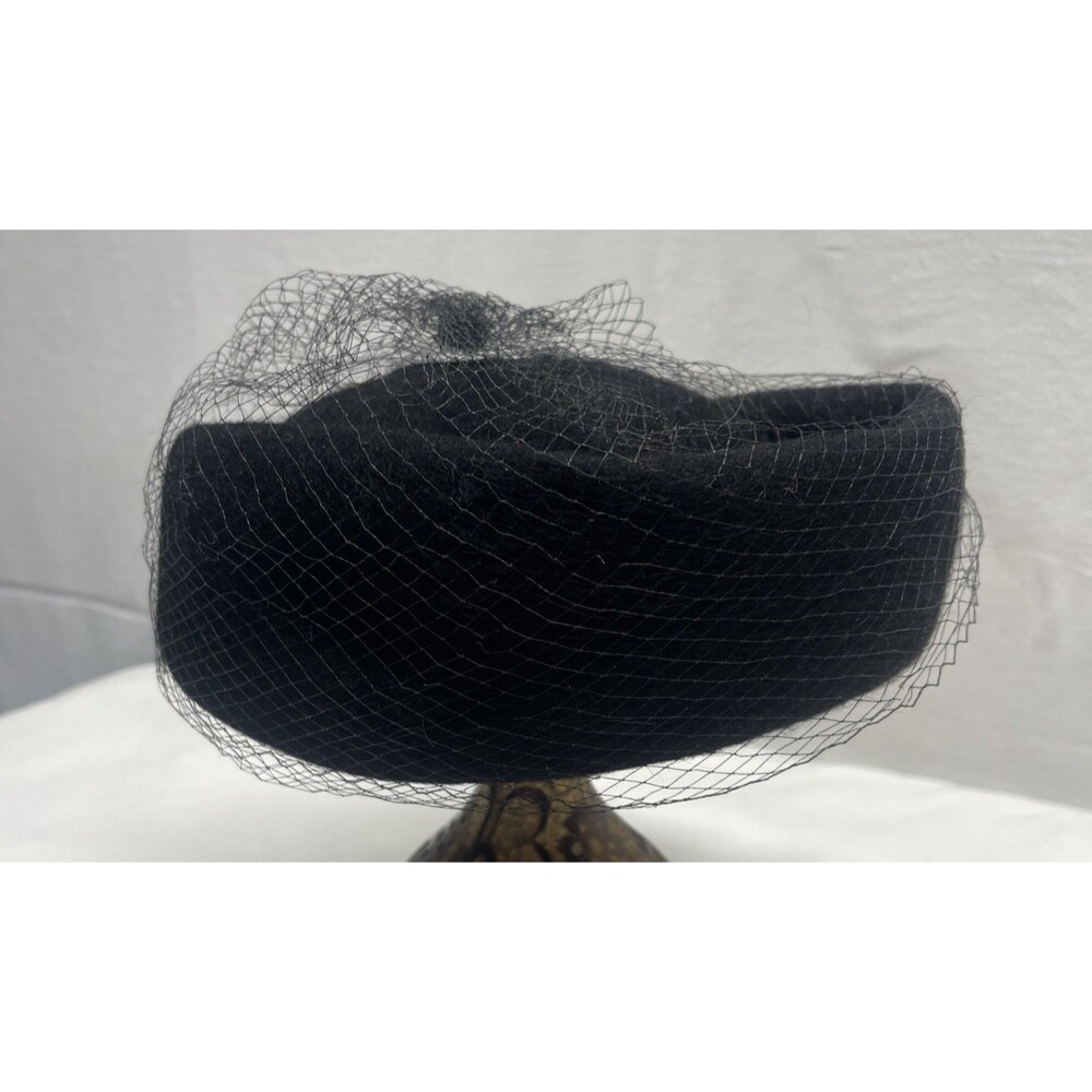 Vintage Black Pillbox Hat with Netting Bow Wool Union Made Church Mourning Hat